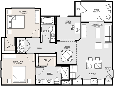 Floor plan for 2 beds, 2 baths, 1174 sqft